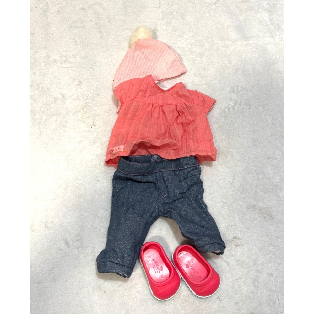 Our Generation Battat 18 Inch Doll Clothes Set Coral Top Denim Pants‎ Hat Shoes